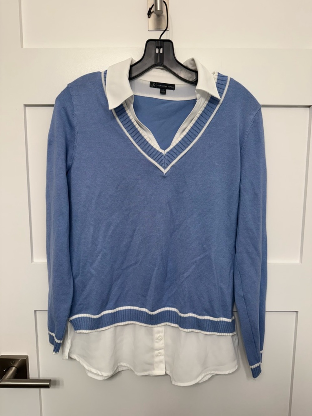 Adrianna Papell Light Blue Sweater with White Shirt Trim